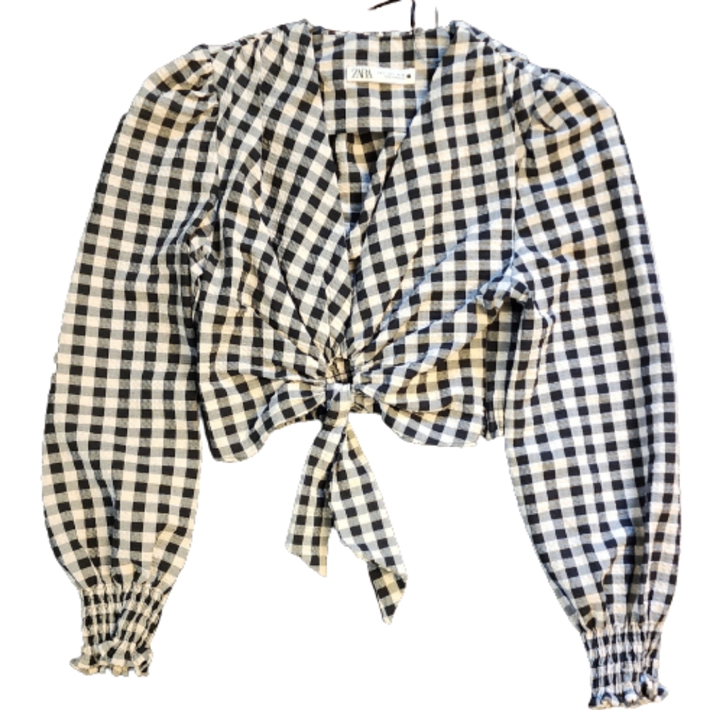 Zara Gingham Cropped Blouse Black & White Small